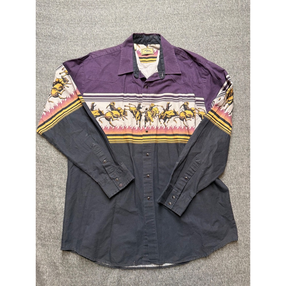Roper Mens Western Pearl Snap Shirt XL Purple Black Rodeo Bronco Cowboy Graphic